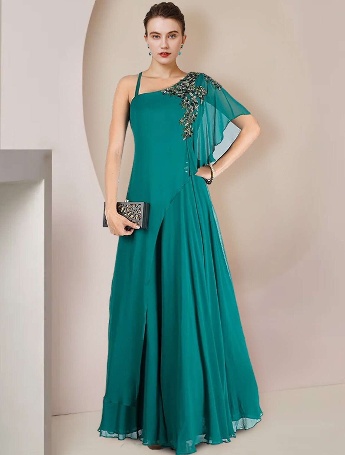 Wholesale  A-Line Mother of the Bride Dress Formal Wedding Guest Elegant One Shoulder Floor Length Chiffon Sleeveless with Pleats Appliques